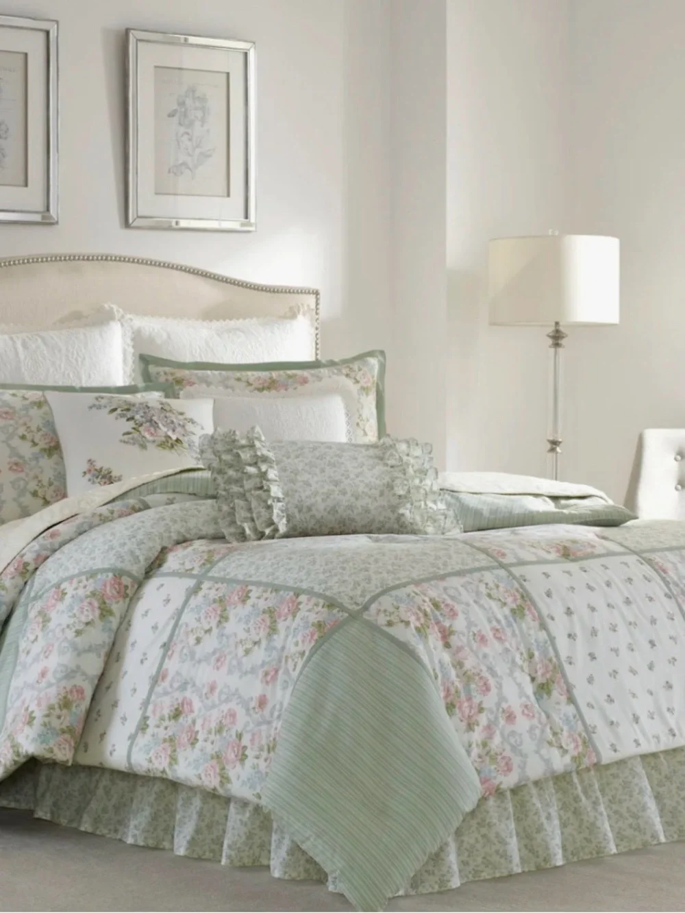 Laura Ashley Green Breakfast Floral Ruffled Boudoir Pillow ~ Charming